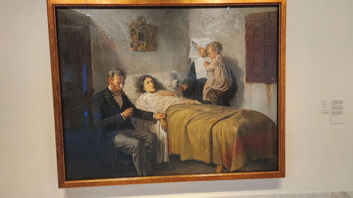 A bedridden woman lies pale and exhausted, her infant beside her. A doctor in black takes her pulse, representing science. On the other side, a nun in white habit offers soup and cradles the baby, representing charity. The mood is somber, realistic, painted in cool, muted tones.