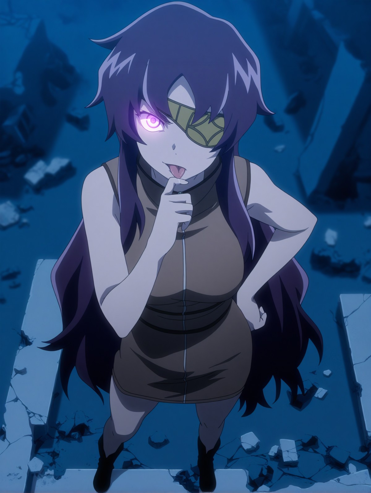 A woman with a single glowing purple eye, long dark purple hair, and a focused expression looking up at the viewer. Her mouth is open with her tongue sticking out, and she holds her right index finger to her tongue while her left hand rests on her hip. She is wearing a sleeveless tan dress with a zipper down the front and a patterned, olive-green eyepatch over her left eye. The scene is dimly lit with a cool, blue ambient light, as she stands on fractured concrete surrounded by rubble.