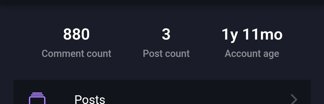 A screenshot of the voyager stats screen which says 880 comments, 3 posts, and 1y 11mo