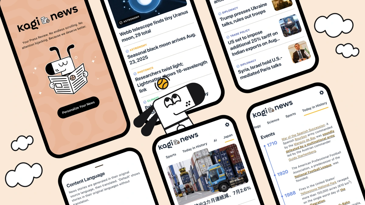 Five smartphone screens displaying the Kagi News app interface against a peach background with decorative cloud illustrations. In the middle is Doggo, Kagi's dog mascot. The screens contain various news feeds covering astronomy and politics, content language settings, and a historical events timeline with dates and images.