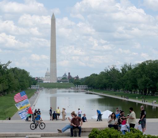 An image of the view from the Lincoln memorial towards the capitol, over the reflecting pond and past the obelisk. On the foreground many people walk, and one in particular is riding a bike which has behind him three large flags - a US flag on top, a Ukraine flag with the face of trump and the message "Donald, please stand with Ukraine", and a mix Israeli/Palestinian flag with a peace sign stamped over both.