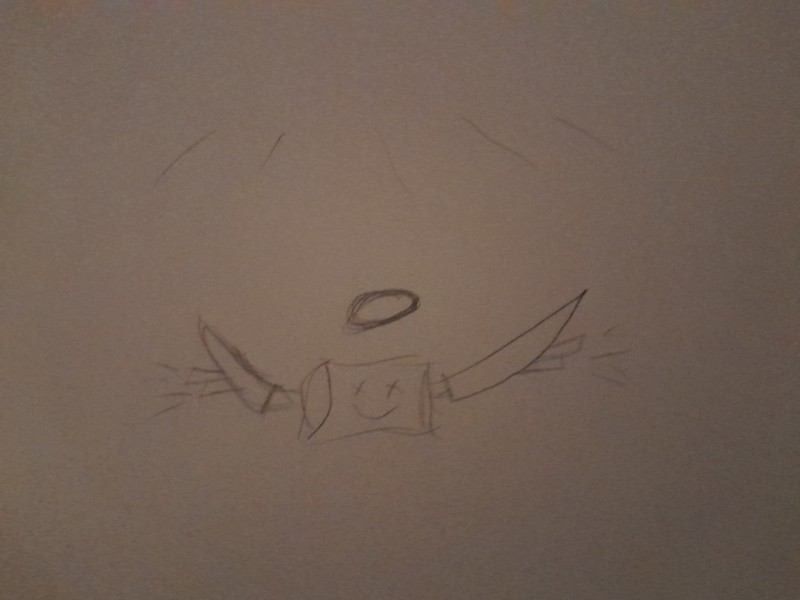 pencil-drawn smiling crazy pillow with swords for arms that have gun barrels sticking out. Also a halo above the head, and sun-rays beaming down.