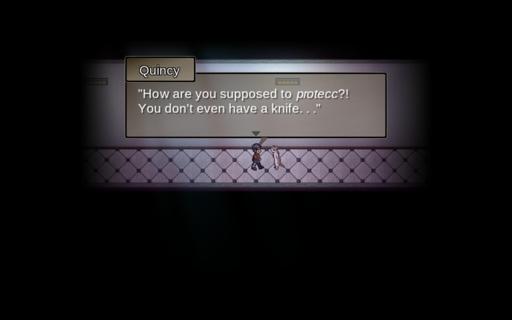 A guy and a kitty standing up straight are in a hallway. The guy complains to the kitty: How are you supposed to protecc?! You don't even have a knife...