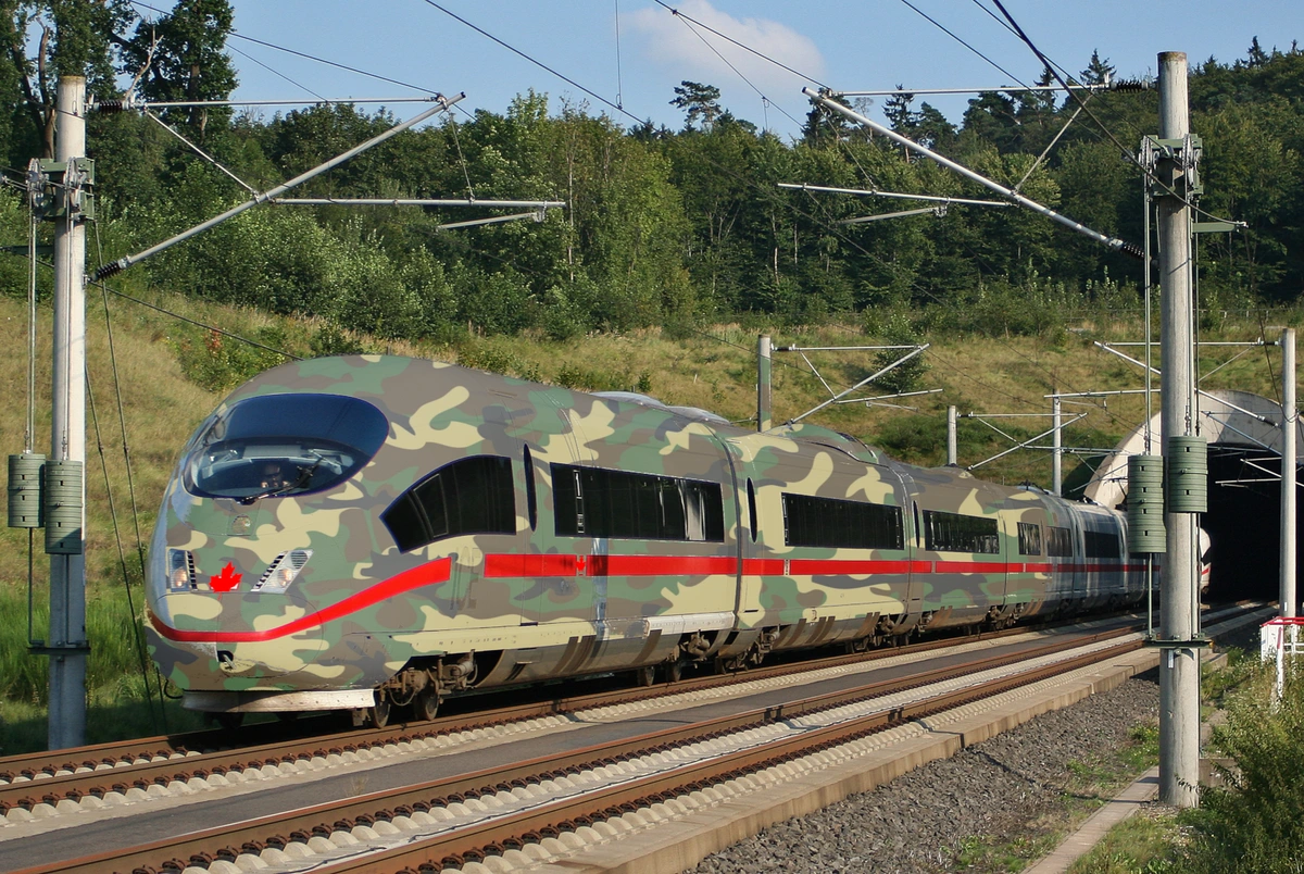 An edited photo of a Deutsche Bahn ICE high speed electric train emergin from a tunnel. The train body is coloured by a faded forest camo pattern. the DB logo has been replaced by a maple leaf. original photo by Sebastian Terfloth CC 3.0 BY SA