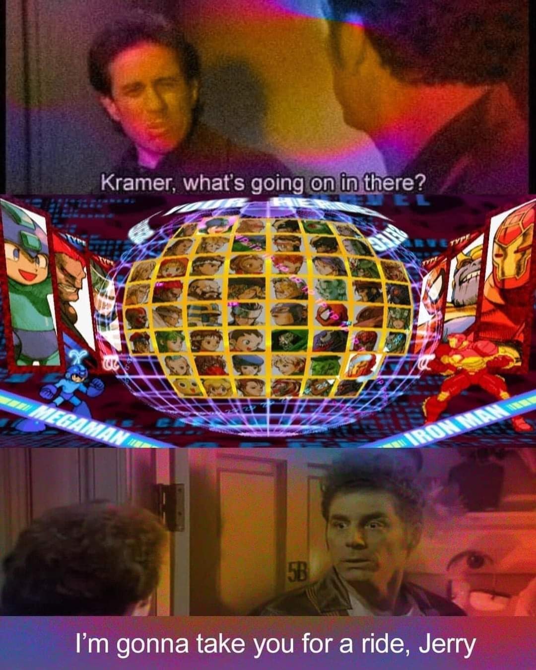 3 panel image. Jerry Seinfeld opens Kramer's door "Kramar, what's going on in there" image of the character select screen from Marvel Vs. Capcom 2. Kramer: "I'm gonna take you for a ride, Jerry"