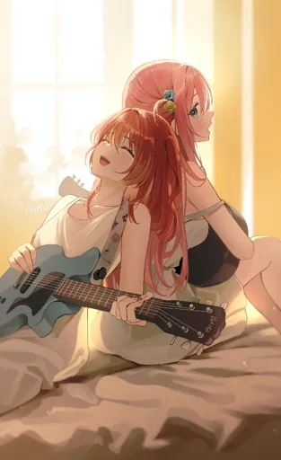 A drawing of Bocchi and Kita from Bocchi the Rock sitting back to back on a bed, they're both wearing lingerie and playing the guitar. Kita is smiling.