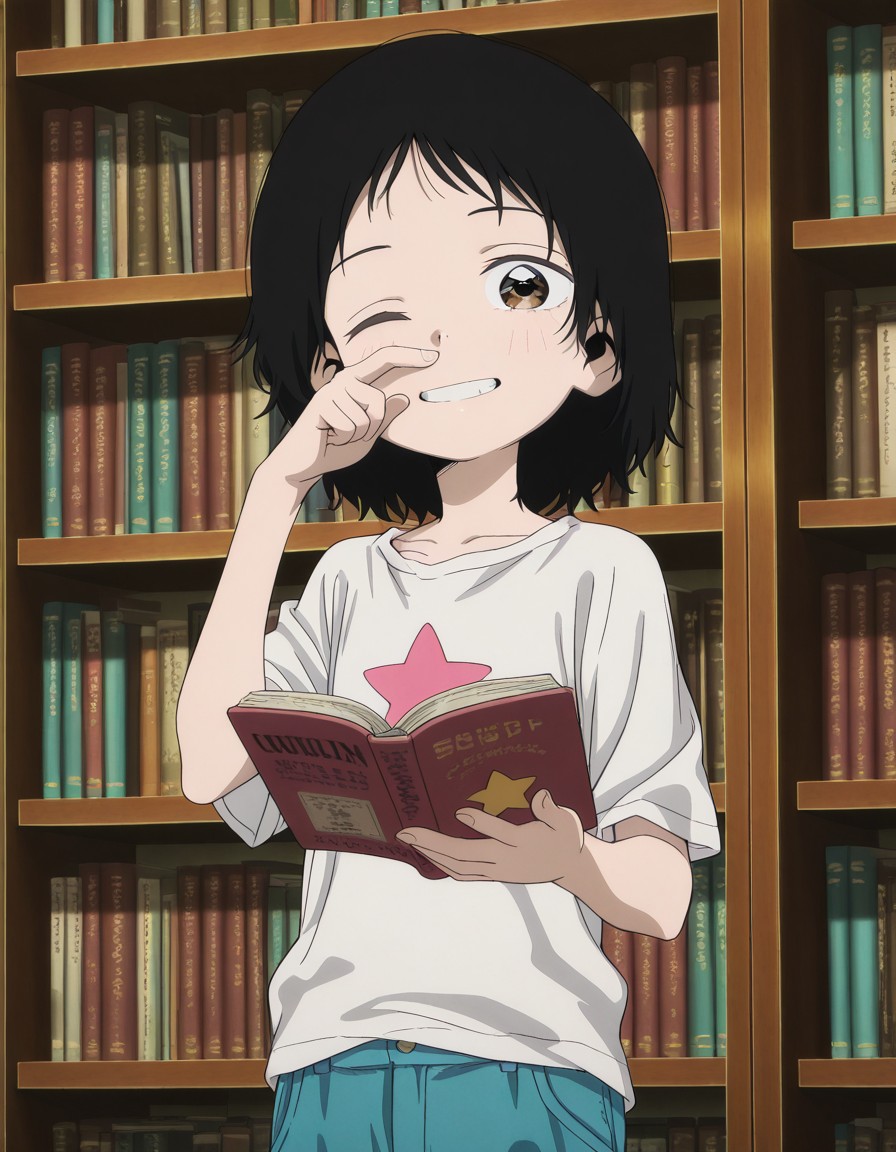 A girl with brown eyes, short black hair, and a playful expression as she winks and smiles, holding an open red book while rubbing her nose with her finger. She is wearing a white t-shirt with a large pink star on it and light blue pants. The setting is a library, with the background completely filled with tall, wooden bookshelves packed with books. 