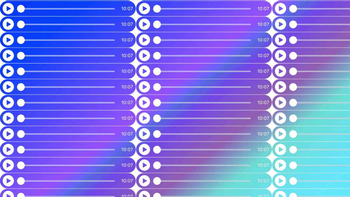 A screenshot of a music player interface with a gradient background transitioning from blue to purple to teal. The interface displays a list of songs, each with a duration of 10 minutes and 7 seconds. Each song entry includes a play button and a pause button.