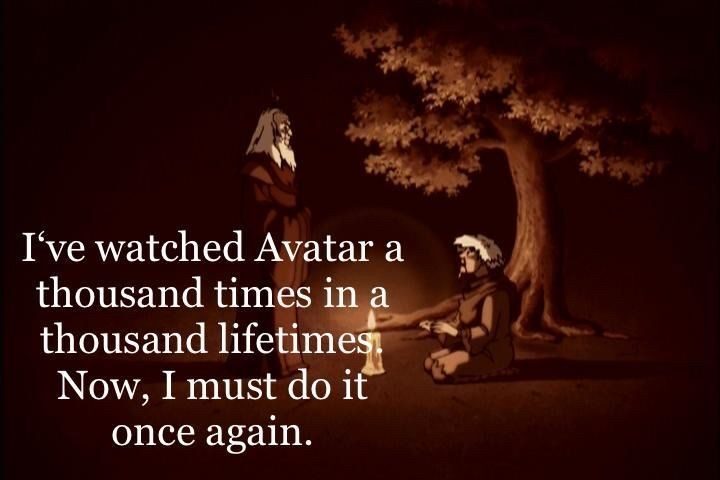 An animated scene featuring two characters sitting by a campfire under a tree. The background is dark, and text overlays the image, expressing a nostalgic sentiment about re-watching "Avatar."