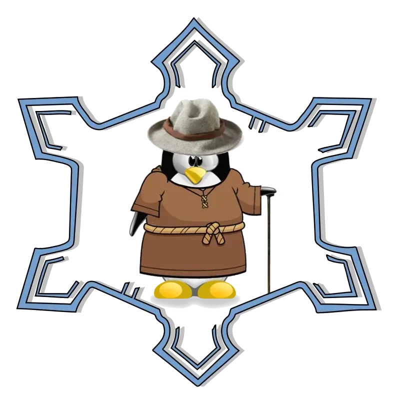 Rappresentazione grafica del pinguino Tux di Linux vestito con il saio, bastone e cappello Borsalino. Sullo sfondo la Cittadella di Alessandria