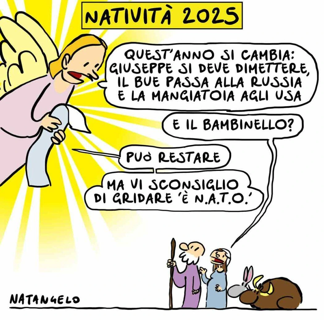 Nel disegno, un angelo parla con Giuseppe e Maria: "Quest'anno si cambια: Giuseppe si deve dimettere, il bue passa alla Russia e la mangiatoia agli Usa".
"E il bambinello?", domanda Giuseppe.
"Può restare", gli risponde l'angelo "Ma vi sconsiglio di gridare 'è N.A.T.O.'".