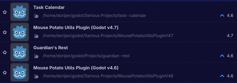 A partial screenshot of the Godot 4.7 dev 5 editor, with projects made in earlier versions having an "up" arrow next to their version.