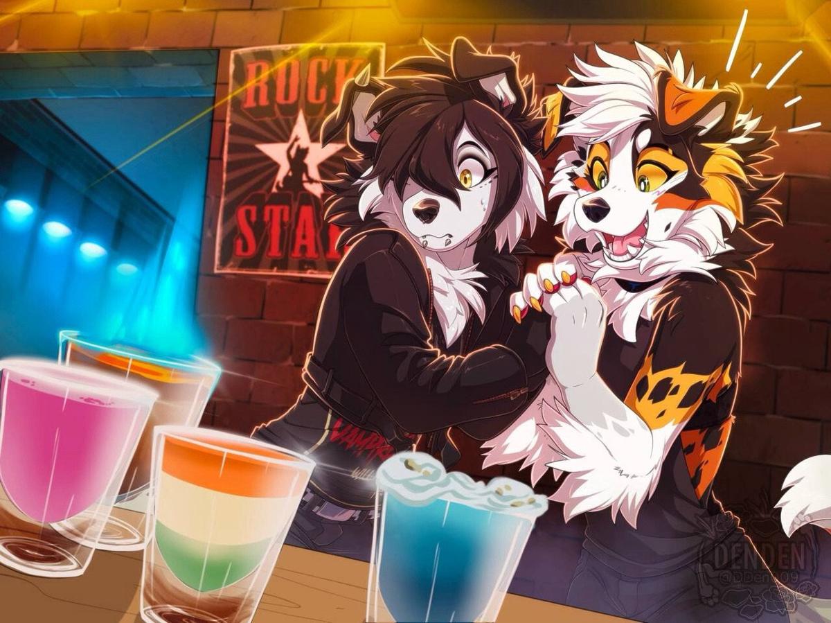 Two female anthro canine women at some kind of bar looking at a variety of colourful drinks set in front of them. One seems excited, whilt the other seems concerned.