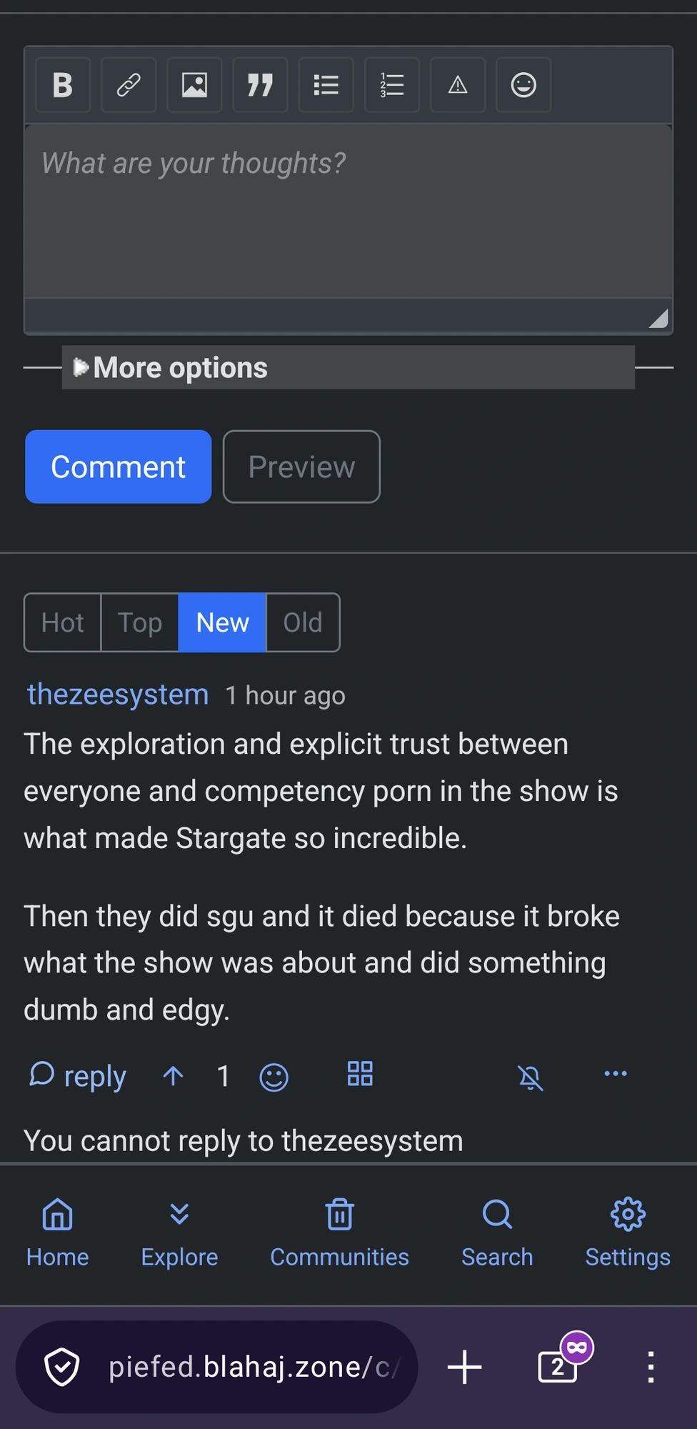 a screenshot of one user not being able to respond to another user's comment