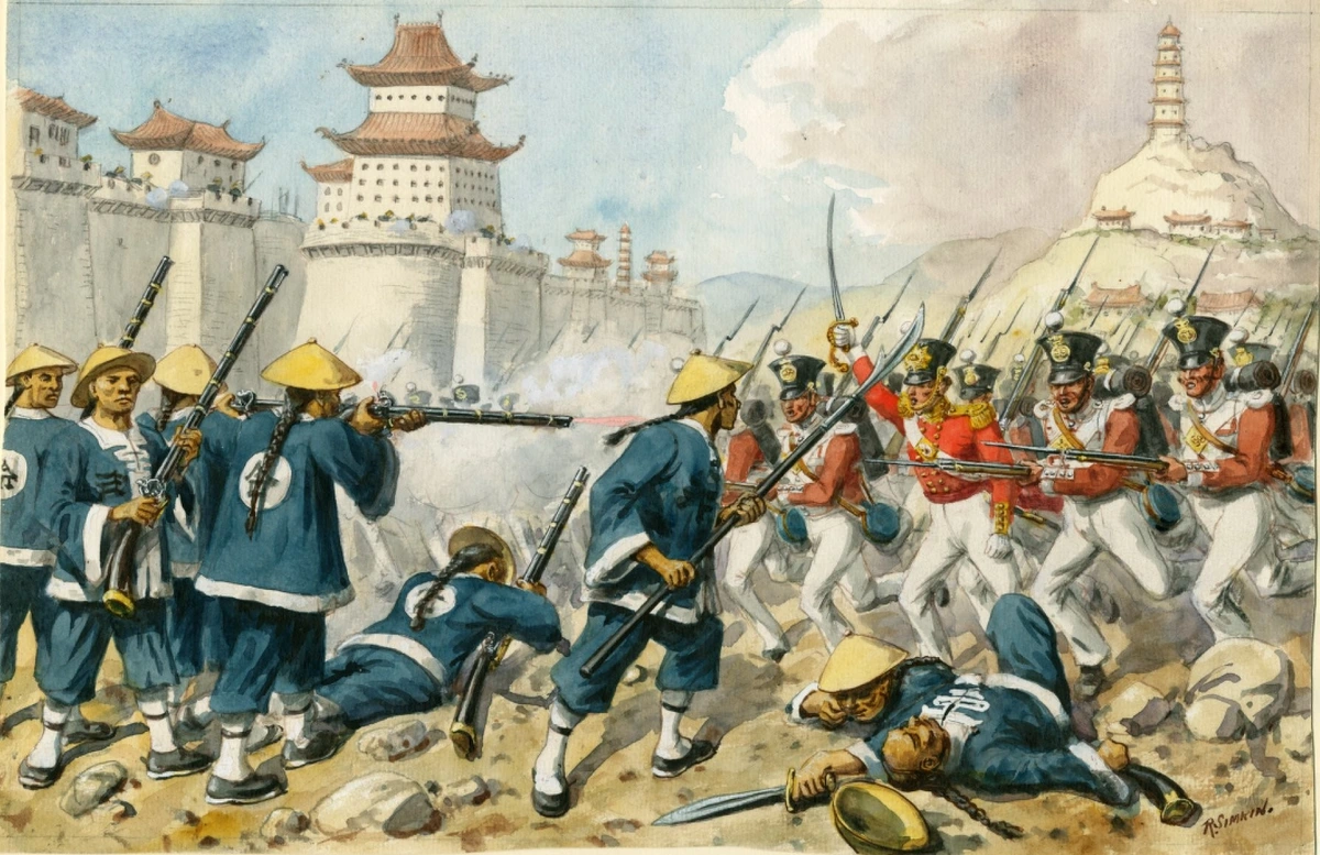 Watercolor of the Battle of Chinkiang between British and Imperial Chinese forces, First Opium War, 1842 AD