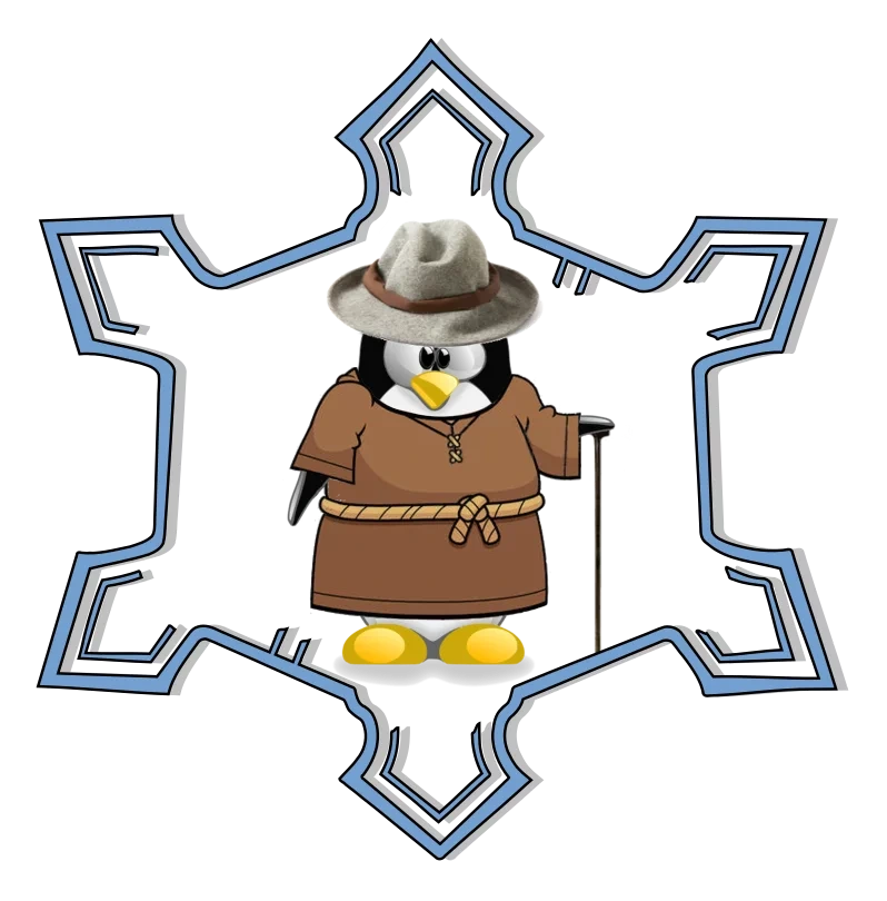 Tux il pinguino di Linux vestito con il saio e il cappello Borsalino, sullo sfondo della rappresentazione grafica della Cittadella di Alessandria.