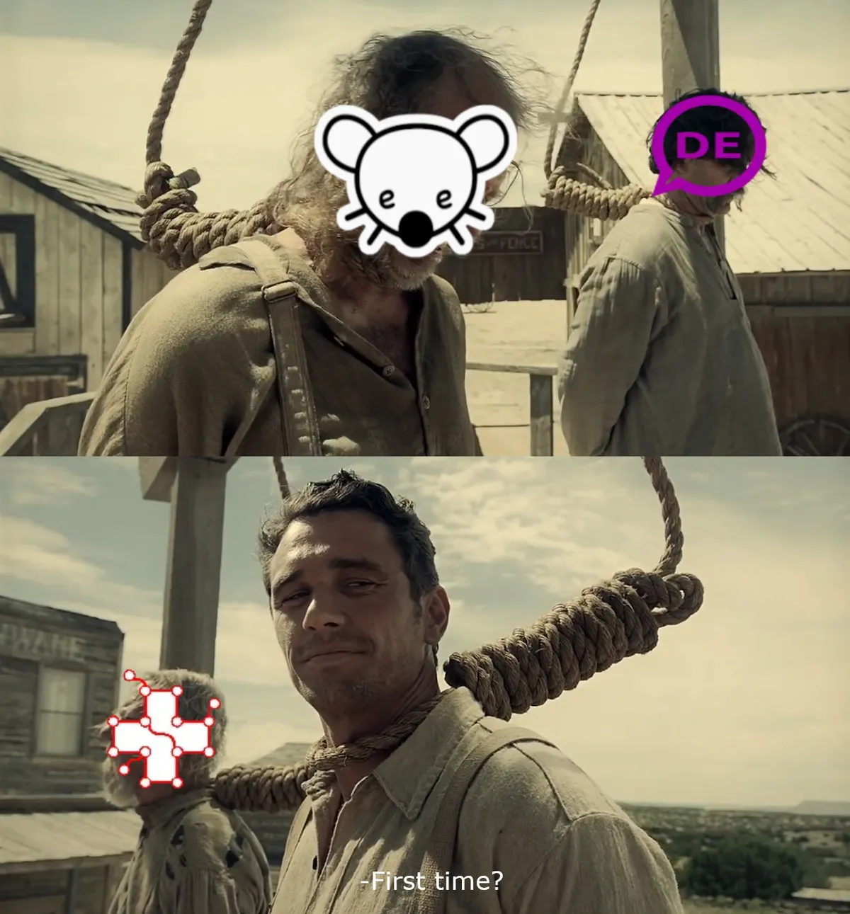 First time meme asking Lemm.ee user crying about to be hung with Feddit.ch and Feddit.de