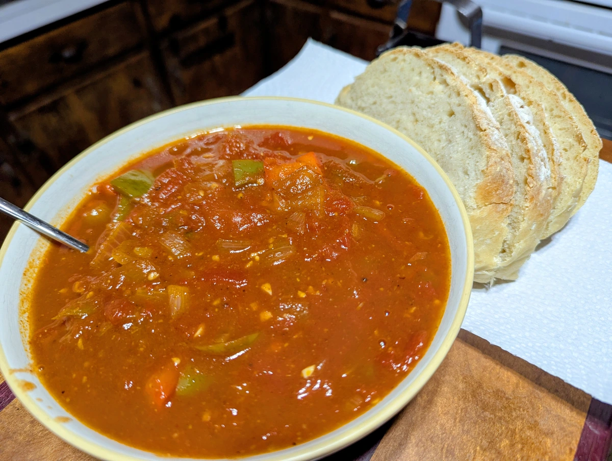 Shakshuka, homemade bread.