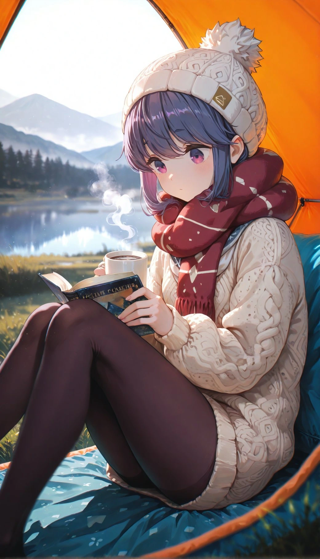A young woman with pink eyes, short purple hair, and a calm, focused expression sitting on a blue mat inside an orange tent, reading a book while holding a steaming white mug in her other hand. She is dressed in a white cable-knit sweater, a red scarf, a white knit beanie, and dark tights. The background, visible through the tent opening, is a bright landscape featuring a calm lake, a pine forest, and distant mountains.