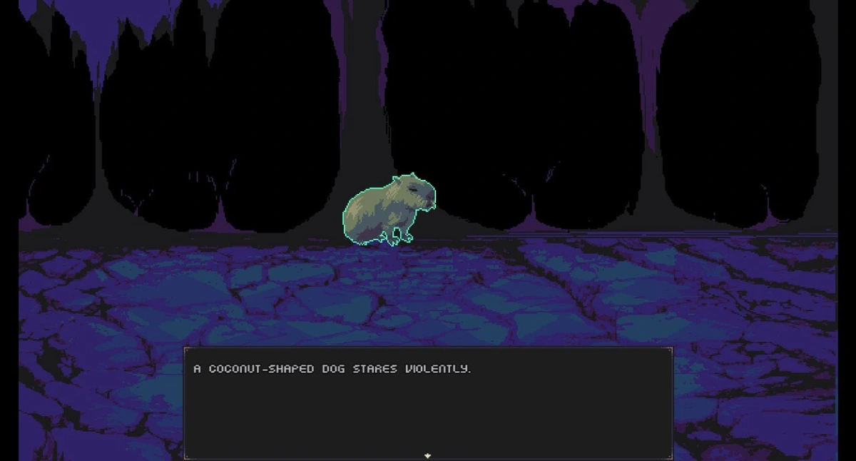 A screenshot of Osteoblasts showing a battle with a capybara-shaped capybara in a cave. Text box below states: "A coconut-shaped dog stares violently."