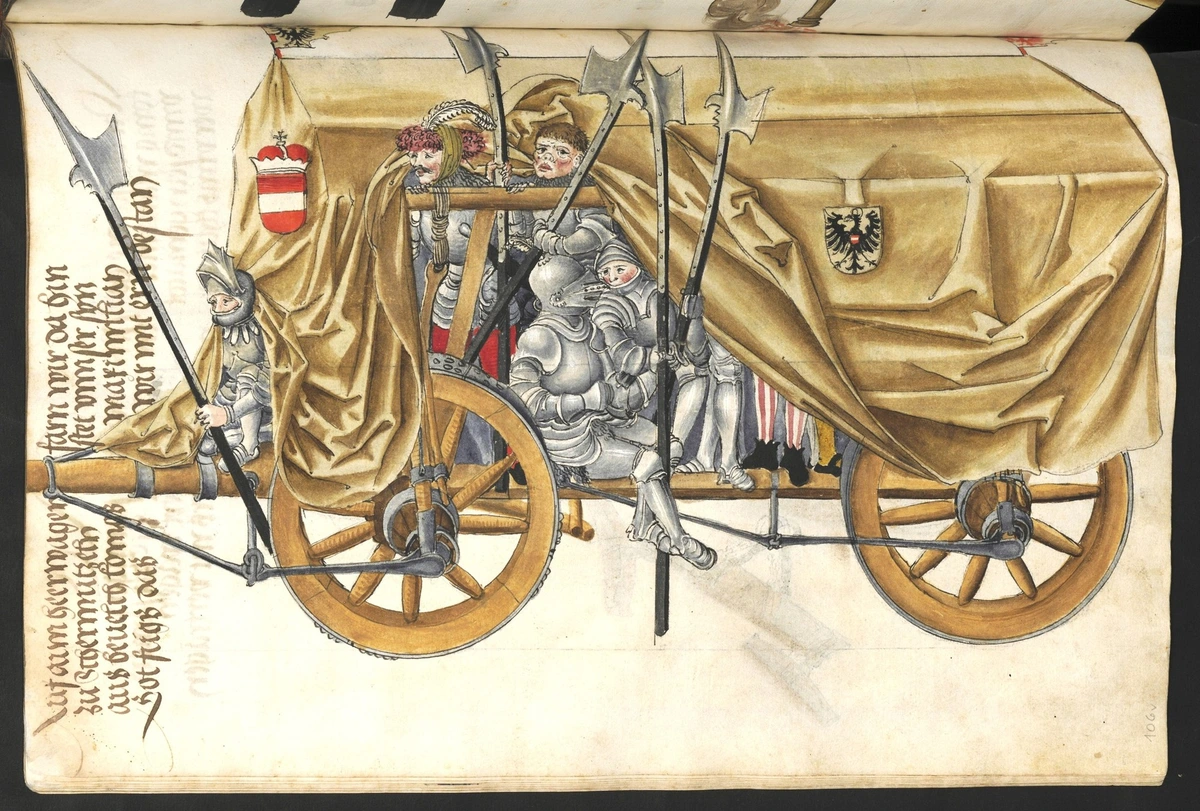 Manuscript page showing troops being transported by wagon, Germany/Holy Roman Empire, ~1500 AD