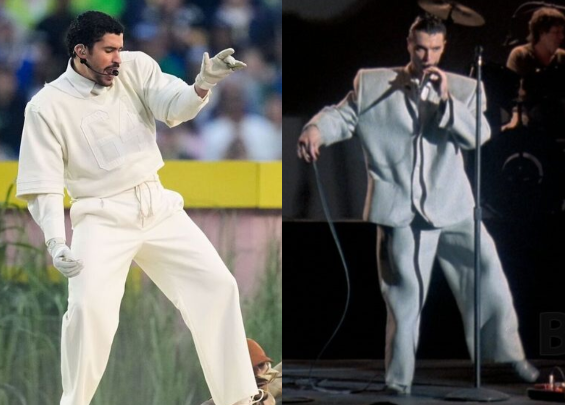 Bad Bunny at the superbowl next to David Byrne in his big suit.