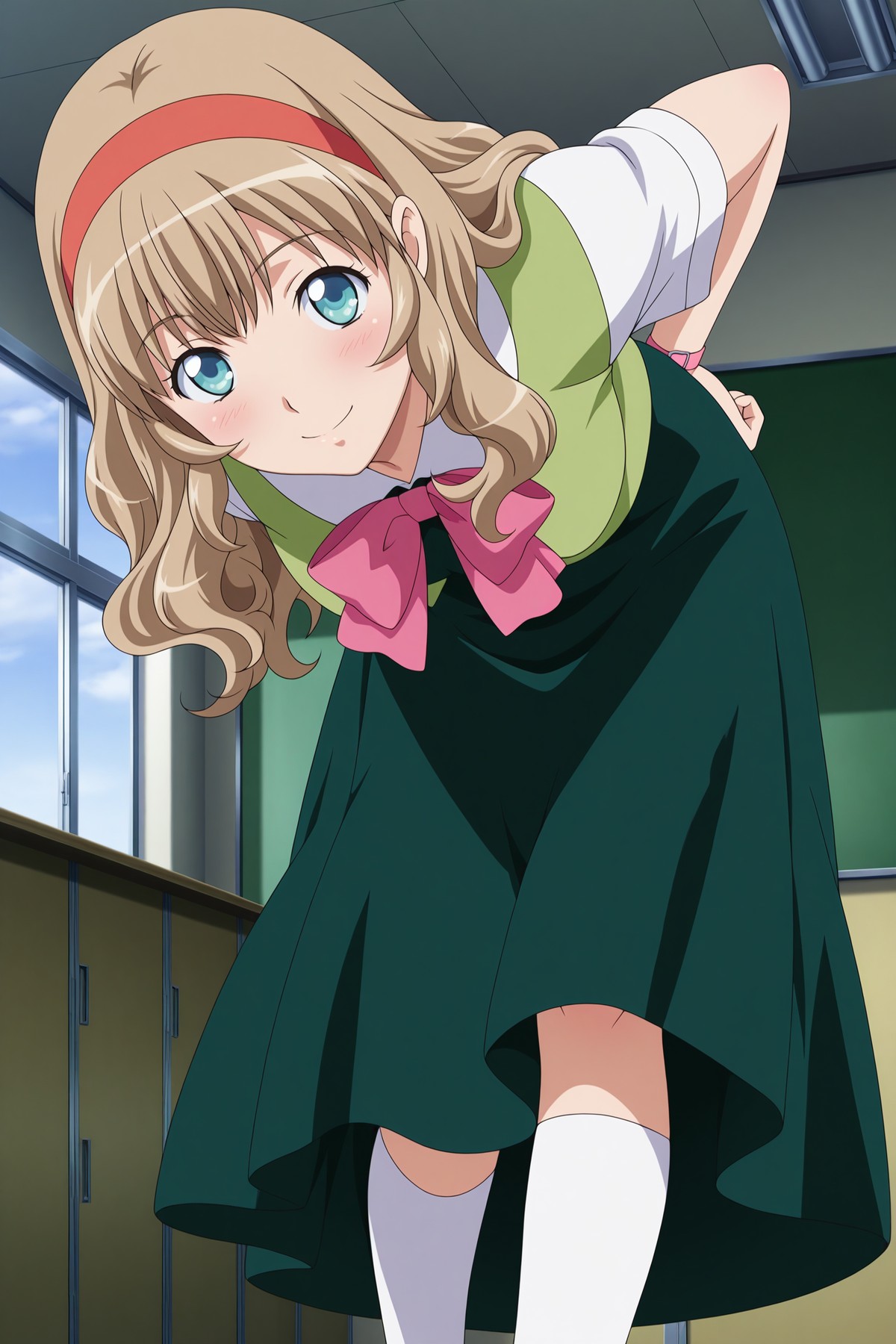 A young woman with blue eyes, long wavy blonde hair, and a gentle smile leaning forward at the waist with her hands behind her back. Her attire consists of a school uniform which includes a light green vest over a white short-sleeved shirt, a large pink bow at her neck, a long dark green skirt, and white knee-high socks. The background consists of the classroom window showing a blue sky, a green chalkboard, and a row of tan-colored lockers.