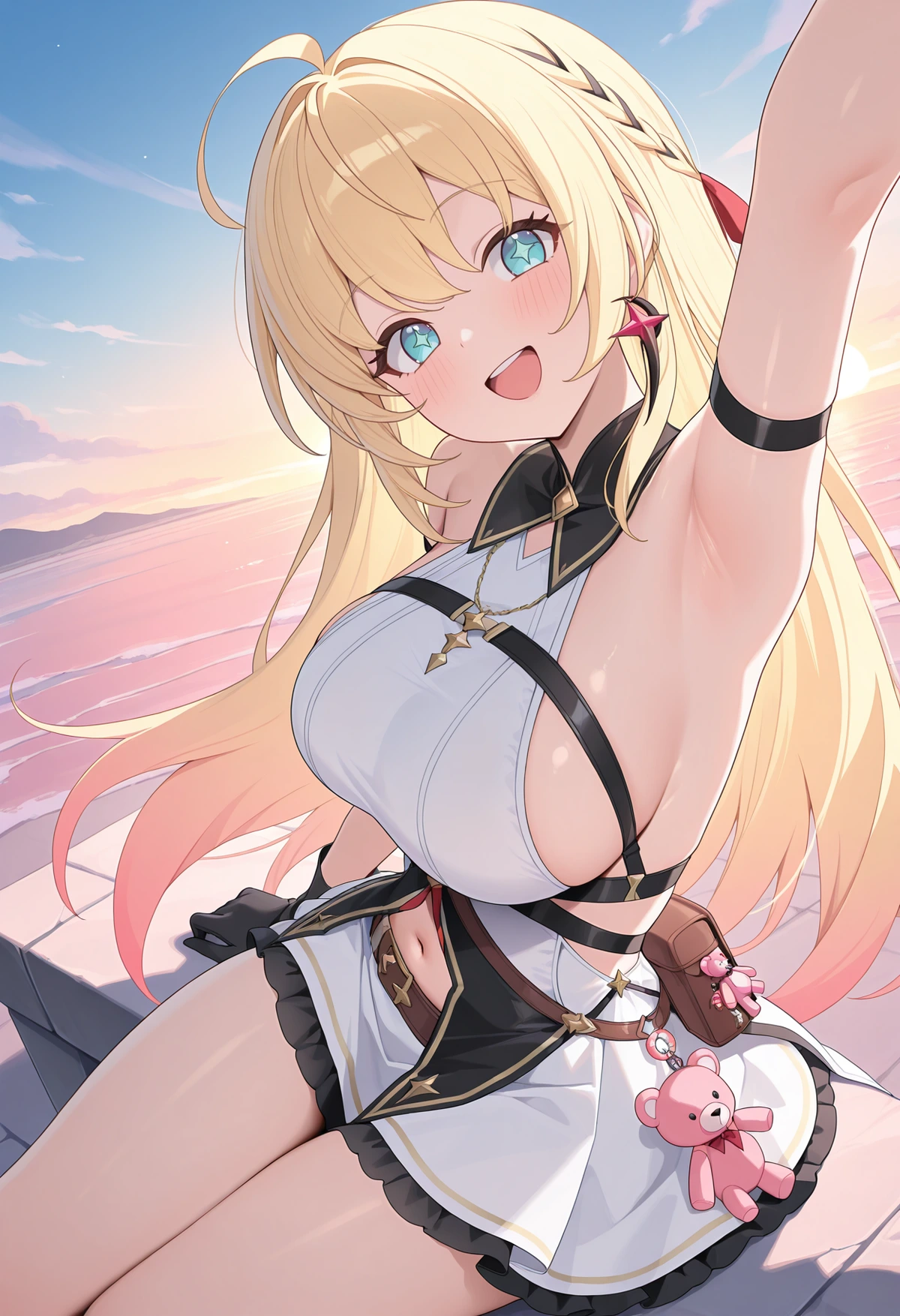 A young woman with bright blue eyes and long, light blonde hair with pink-tinted tips, with an open-mouthed smile raising her left arm toward the viewer. She is wearing a white and black top with diamond-shaped accents and black strap details across her chest, a white skirt with black frills, along with a small brown pouch hanging from her waist, which has pink teddy bear charms attached. She is outdoors, seemingly sitting on a white stone platform, overlooking a pink and orange sunset over a body of water and distant landmasses in the background. 