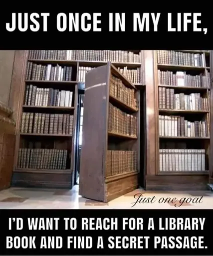 A picutre of an old-timey bookcase covering a wall, where the middle part has opened to reveal a door.

Captioned:
JUST ONCE IN MY LIFE, I WANT TO REACH FOR A LIBRARY BOOK AND FIND A SECRET PASSAGE. 