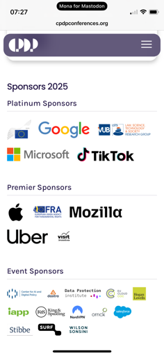 Screenshot of sponsors section of CPDP site, showing the companies listed as platinum sponsors.