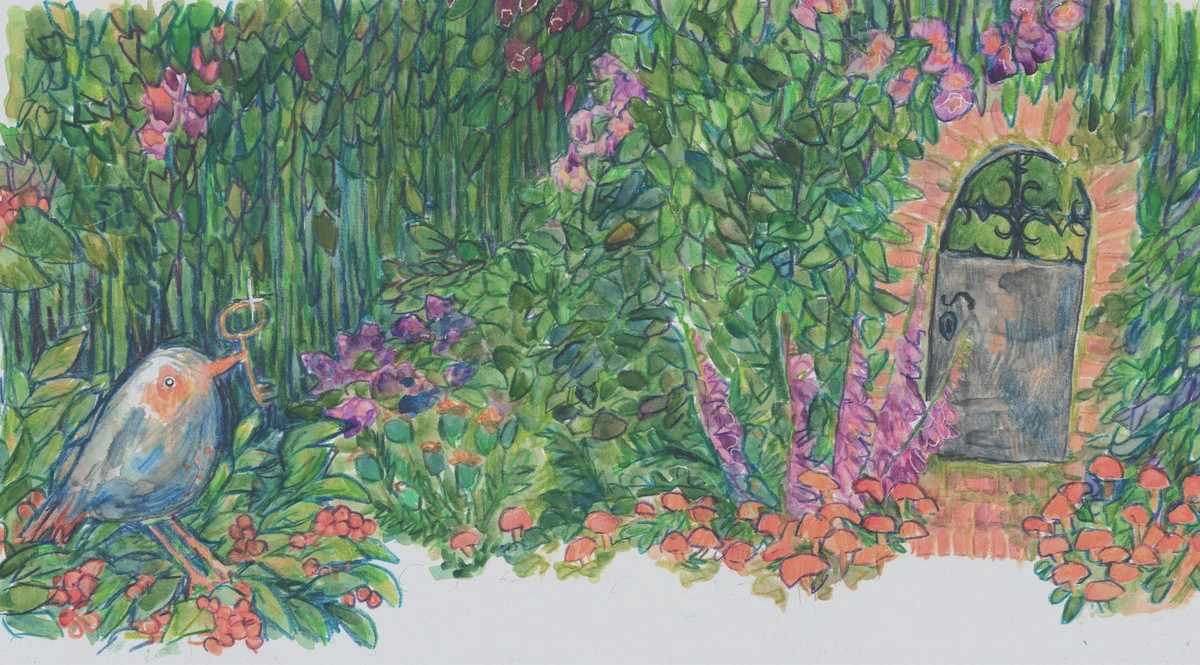 Ilustration made of colored pencils, of hidden garden which entry is covered by vines and flowers, with mushrooms indicating its entry. Gardens guardian in form of small bird is guarding its key