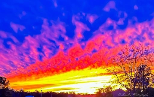 "The sky in this image is a breathtaking canvas of color, layered like a dream in motion. At the top, deep blue stretches across the heavens—cool, quiet, and vast. Beneath it, the blue melts into rich purples and electric pinks, like velvet touched by fire. Lower still, the horizon glows with molten orange and golden yellow, radiating warmth as if the sun itself is exhaling light.

Clouds scatter across the sky in textured wisps and bold streaks, catching the colors and amplifying them—some glowing like embers, others shadowed like smoke. The gradient is dramatic and surreal, a symphony of hues that feels both cosmic and intimate.

At the bottom edge of the image, silhouettes of trees and a few structures stand in quiet contrast. Their dark outlines anchor the scene, reminding us of the earth beneath this celestial spectacle. The trees are bare or sparse, their branches reaching upward like quiet witnesses to the sky’s performance.

This is a moment suspended between worlds—neither day nor night, but something in between. It feels like the sky is telling a story, and the land is listening." - Microsoft Copilot