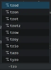 the image shows a list of auto-complete words in kate