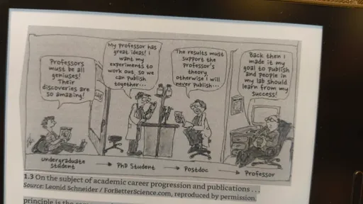 comic strip about how the 'further' a PhD student comes toward becoming a professor, the less their work becomes about science and more about making money and not sticking out too much (so they can get promoted/more money).