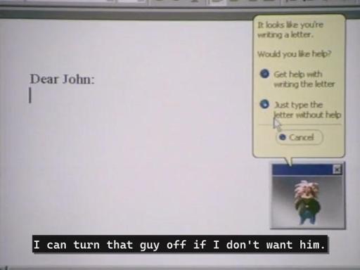 Computer Chronicles - Best of COMDEX 1996 screenshot showing a Microsoft Word document and a Clippy-like helper with the caption I
can turn that guy off if I don't want him.