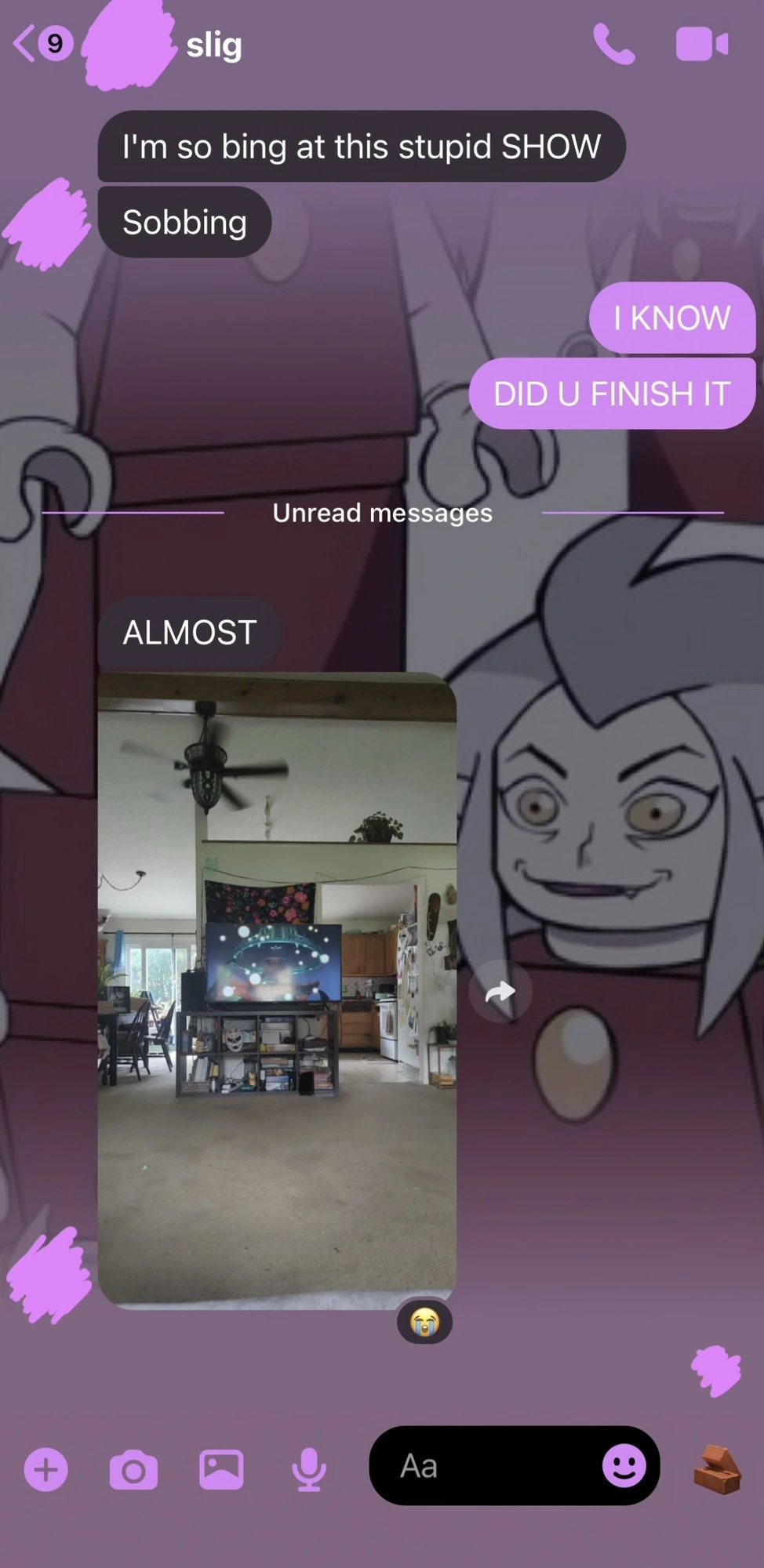 slig’s profile picture has been covered with a pink that matches the chat theme. The theme is a repeating Lego Eda, a meme where the character Eda from the show “The Owl House” is in Lego form. She has pale skin, a mischievous smirk with a fang, and menacing gray hair, which contrasts humorously with her Lego form. The default emoji reaction is a brick, a reference to Lego bricks, but it also conveniently matches the chat theme, as the emoji is warm color, an orangish brown, and Lego Eda’s outfit is red and her eyes are yellow. The chat reads as follows:

slig: I'm so bing at this stupid SHOW

slig: Sobbing

OP: I KNOW

OP: DID U FINISH IT

slig: ALMOST

slig posts a photo of a TV with the show. There are no spoilers, but someone who has seen the episode understands the scene. OP has reacted with a crying emoji.

The Lego Eda from the chat theme appears to be looking at the photo.