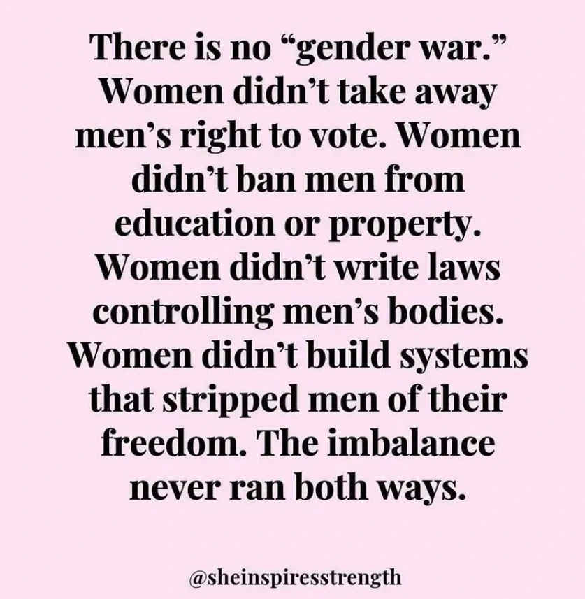 Black text on a pink background reading: 'There is no "gender war." Women didn't take away men's right to vote. Women didn't ban men from education or property. Women didn't write laws controlling men's bodies. Women didn't build systems that stripped men of their freedom. The imbalance never ran both ways. @sheinspiresstrength'