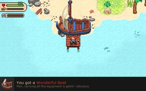 A guy standing at the end of a pier while holding up a whole sailboat. Below is the text 'You got a Wonderful Boat' and below 'Man, carrying all this equipment is gettin' ridiculous.'