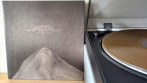 The album cover shows a veiled figure, like a body in a death shroud, depicted from the chest up. The figure forms a triangle shape peering up from the bottom of the cover; the rest is a dull, oppressive darkness broken only by the album title and artist's name in small, Roman capitals.