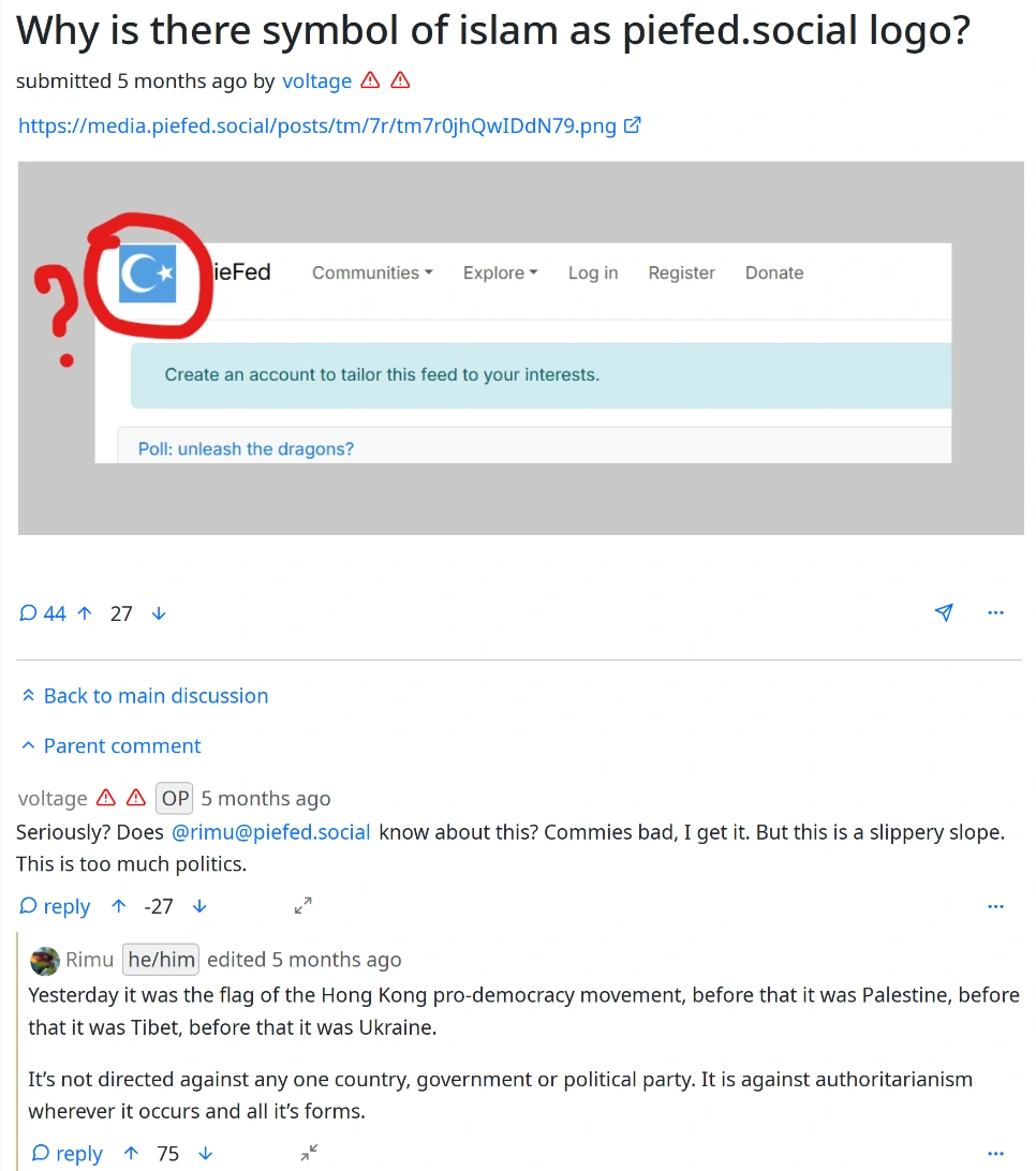 Mod bans Piefed admins for "emulating / apologizing for a Zionist" while Piefed.social had a Palestine logo a few months ago