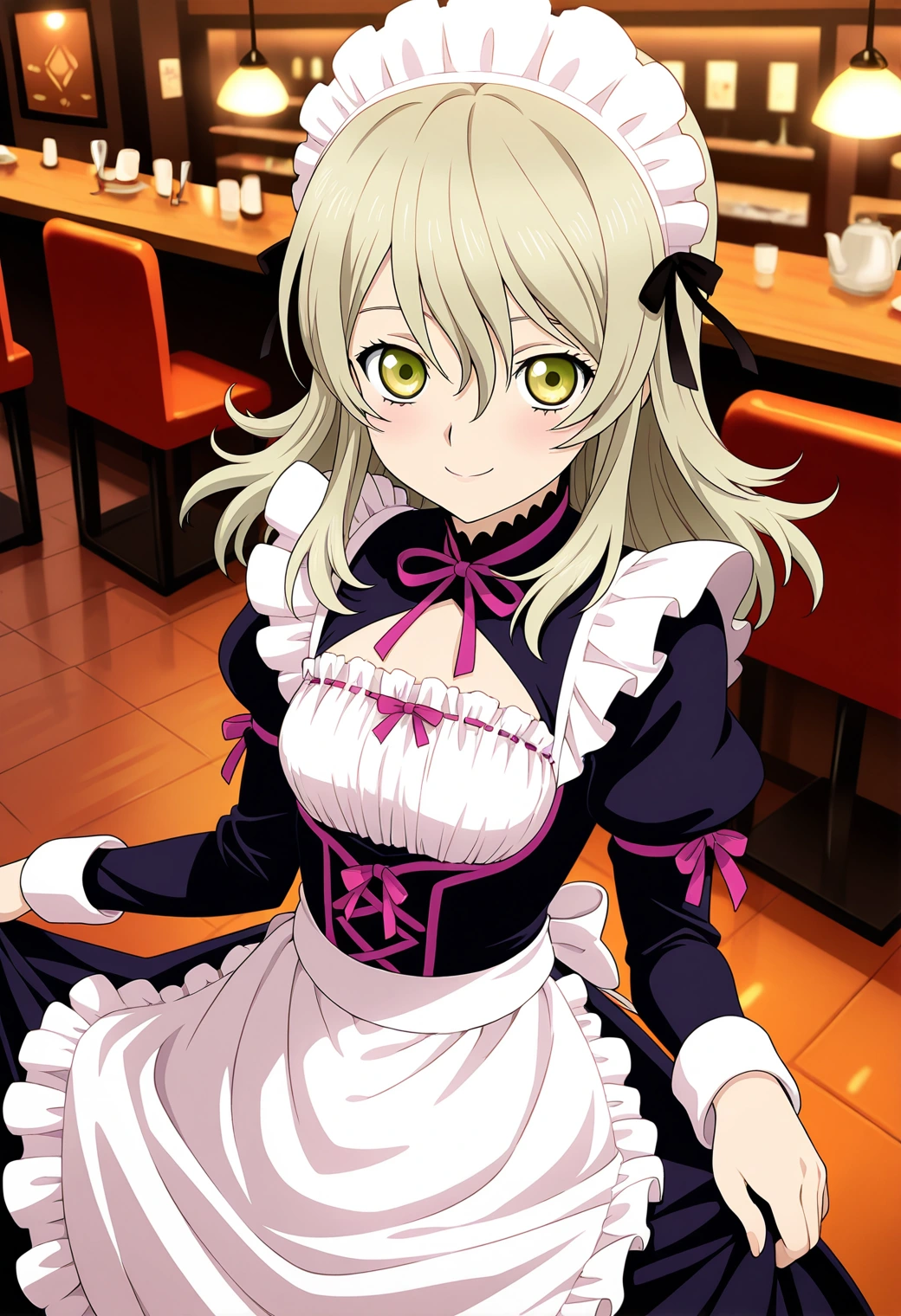 A smiling young woman with yellow-green eyes and wavy, shoulder-length blonde hair, looking directly at the viewer with lifting the skirt of her dress with her hands. She is wearing a French maid outfit featuring a dark purple dress with white ruffles, a white apron, a white ruffled cap tied with small black ribbons, and pink ribbons lacing the bodice, sleeves, and on the collar. The setting is a café, standing near a dark wooden counter with orange upholstered bar stools, with the background consisting of the counter, seating, and warmly lit lamps hanging from the ceiling. 