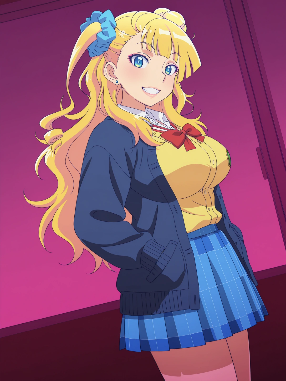A young woman with blue eyes, long blonde hair partially tied up with a blue scrunchie, and a bright smile standing with her hands in her pockets. She is wearing a school uniform consisting of a dark blue cardigan over a yellow button-up vest, a white collared shirt with a red bow tie, and a blue plaid skirt. The setting is an indoor space, with a background composed of a bright pink and purple wall.
