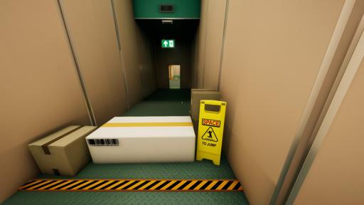 A corridor blocked by a few boxes. One obvious option to pass would be to jump over it. There is a 'Caution: Slippery' sign, but instead of showing that, it shows a person jumping inside the warning triangle while above is the text 'SPACE' and below is 'TO JUMP'.