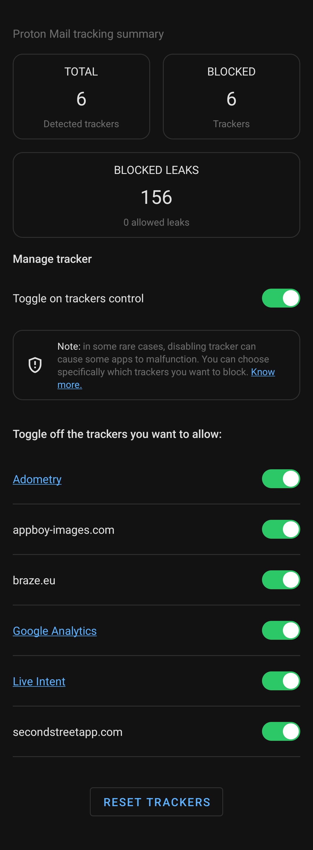 Image from /e/os tracker protection, showing Proton Mail with many trackers including Google Analytics