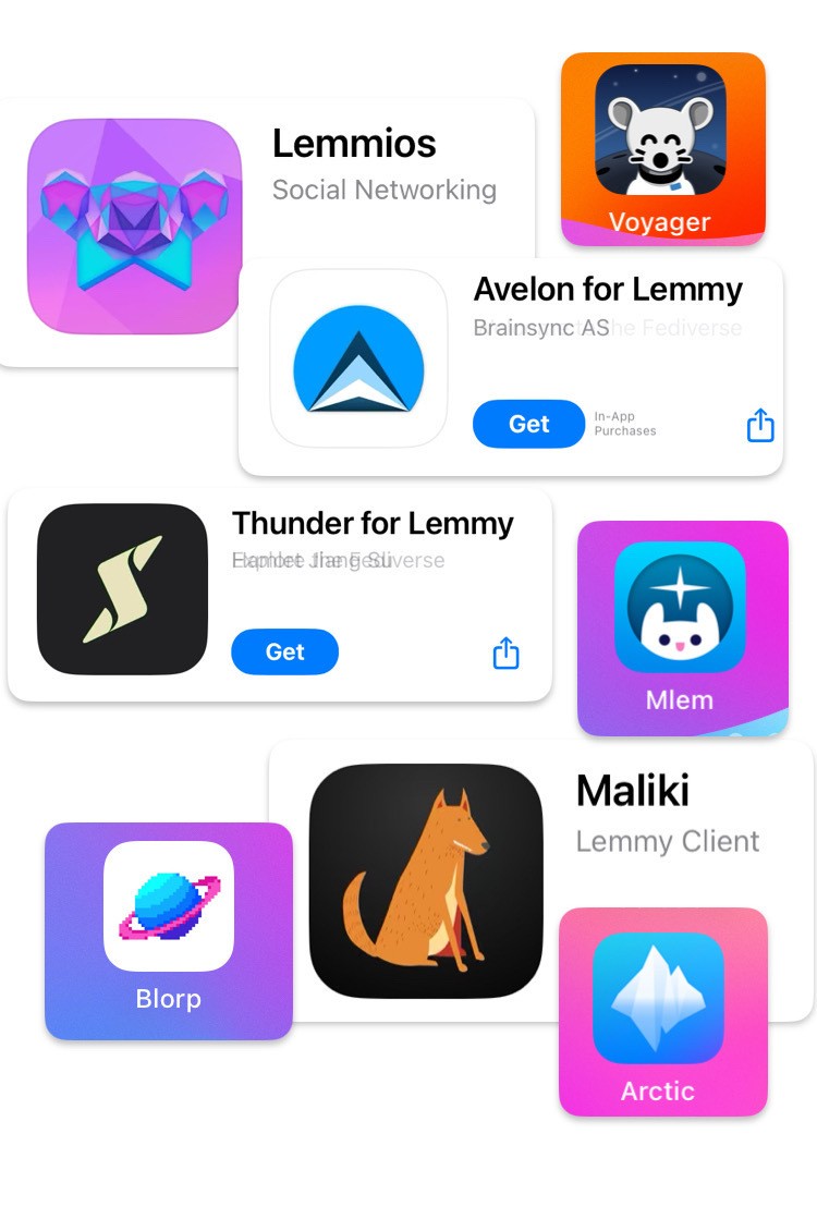 Screenshot of assorted iOS apps for Lemmy