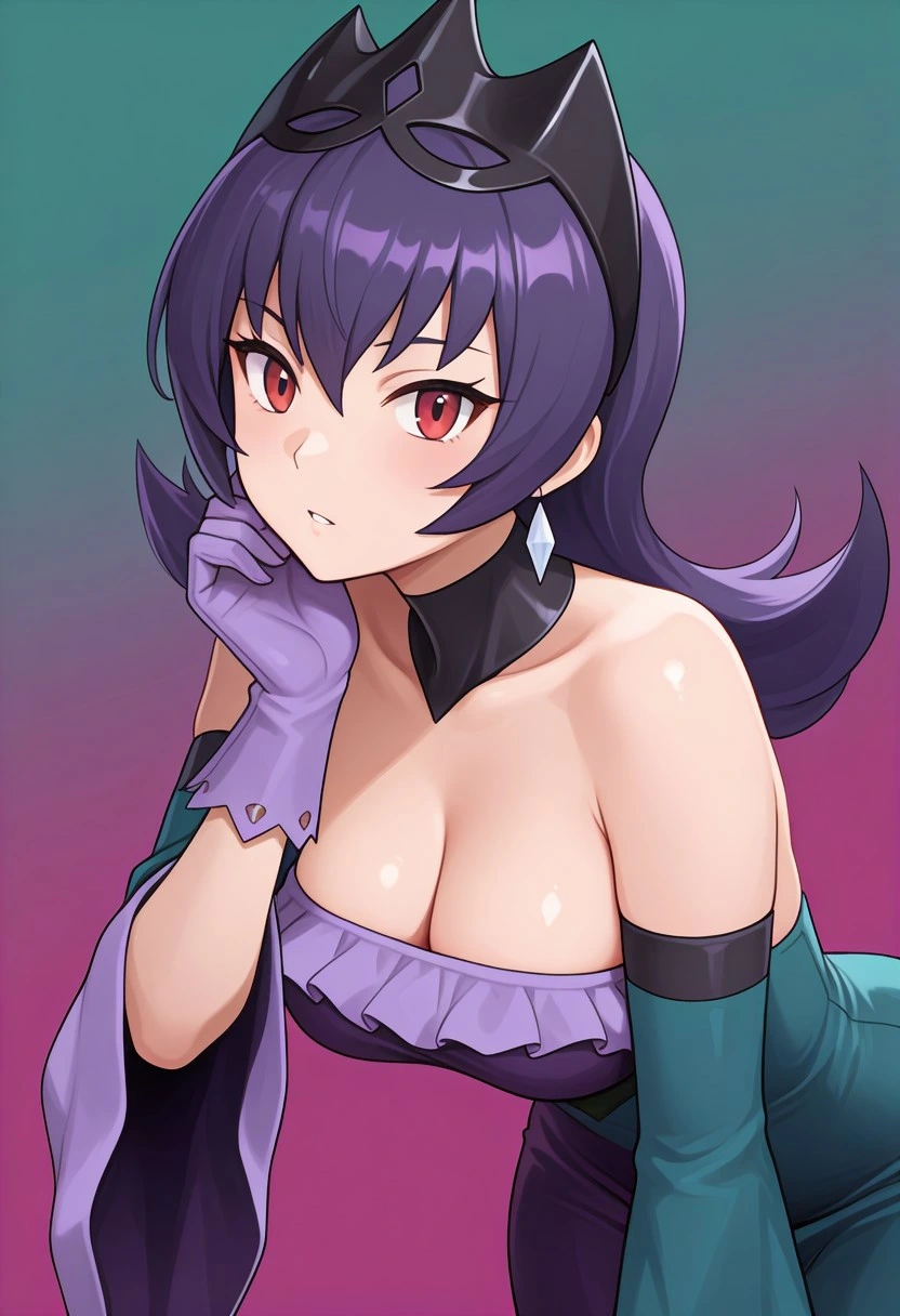 A woman with red eyes and dark purple hair styled with a pointed black mask, leaning forward with her right hand in a light purple glove resting on her cheek. She is wearing a purple, low-cut, ruffled purple and teal dress, wide, detached sleeves, and a black detached collar. Behind her is a simple, gradient background that transitions from teal at the top to magenta at the bottom. 