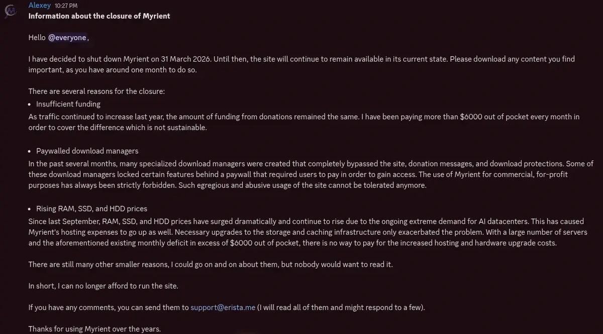 Myrient is shutting down