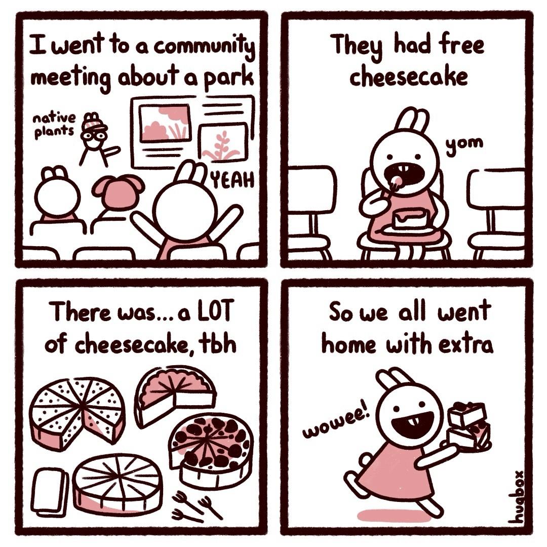 A four panel comic in brown, pink, and white about going to a meeting about a park and getting free cheesecake