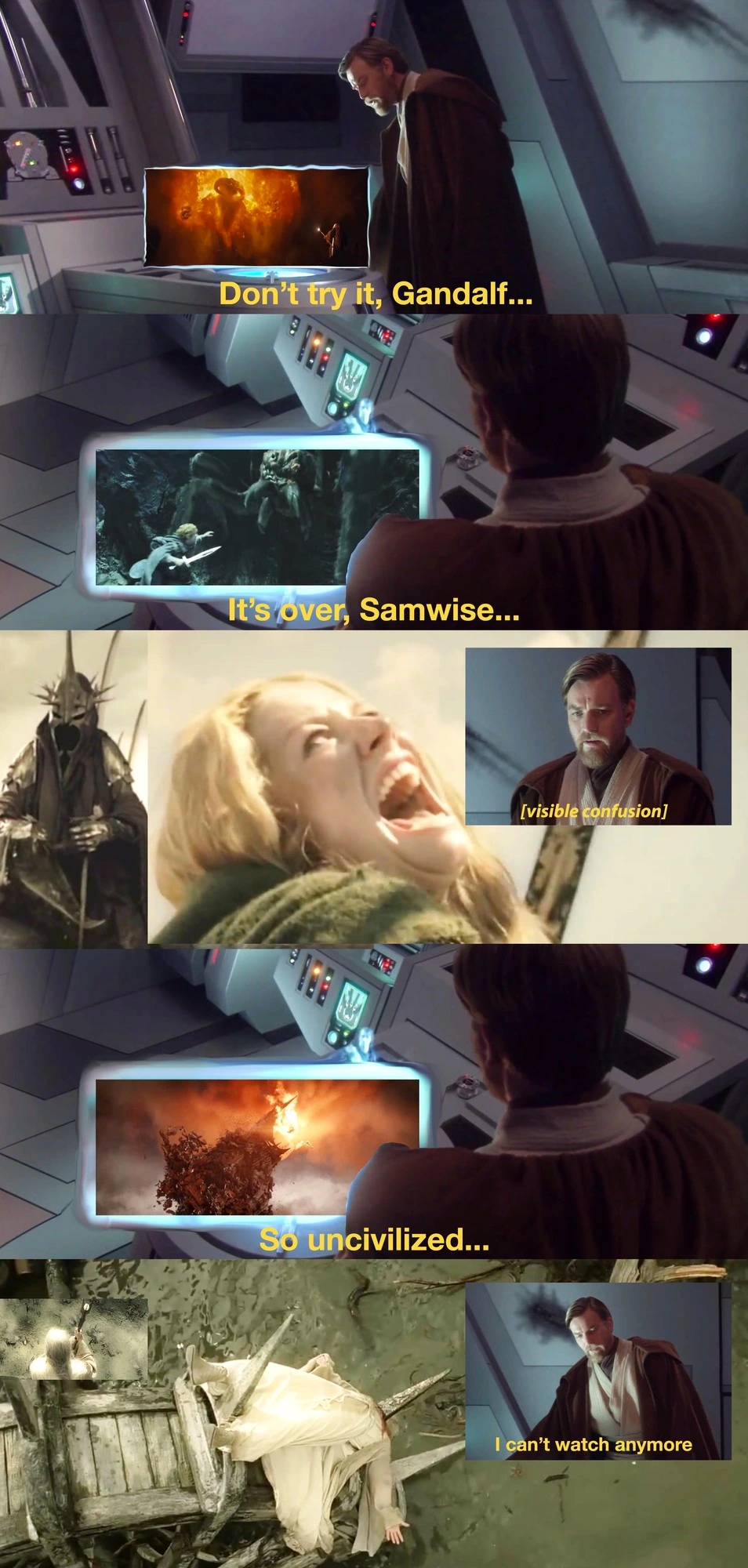 Obi-Wan watches LOTR for the first time, but learns all the villains lose despite having the high ground