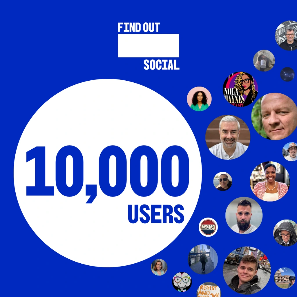 A graphic which shows a white circle on a blue background, alongside multiple other circles displaying profile pictures of Find Out Social users.

Text reads: Find Out Social. 10,000 users.
